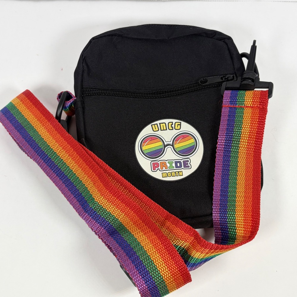 Hit Promo UNCG Pride Month Crossbody Bag Unisex Small Black Rainbow Strap LGBTQ+